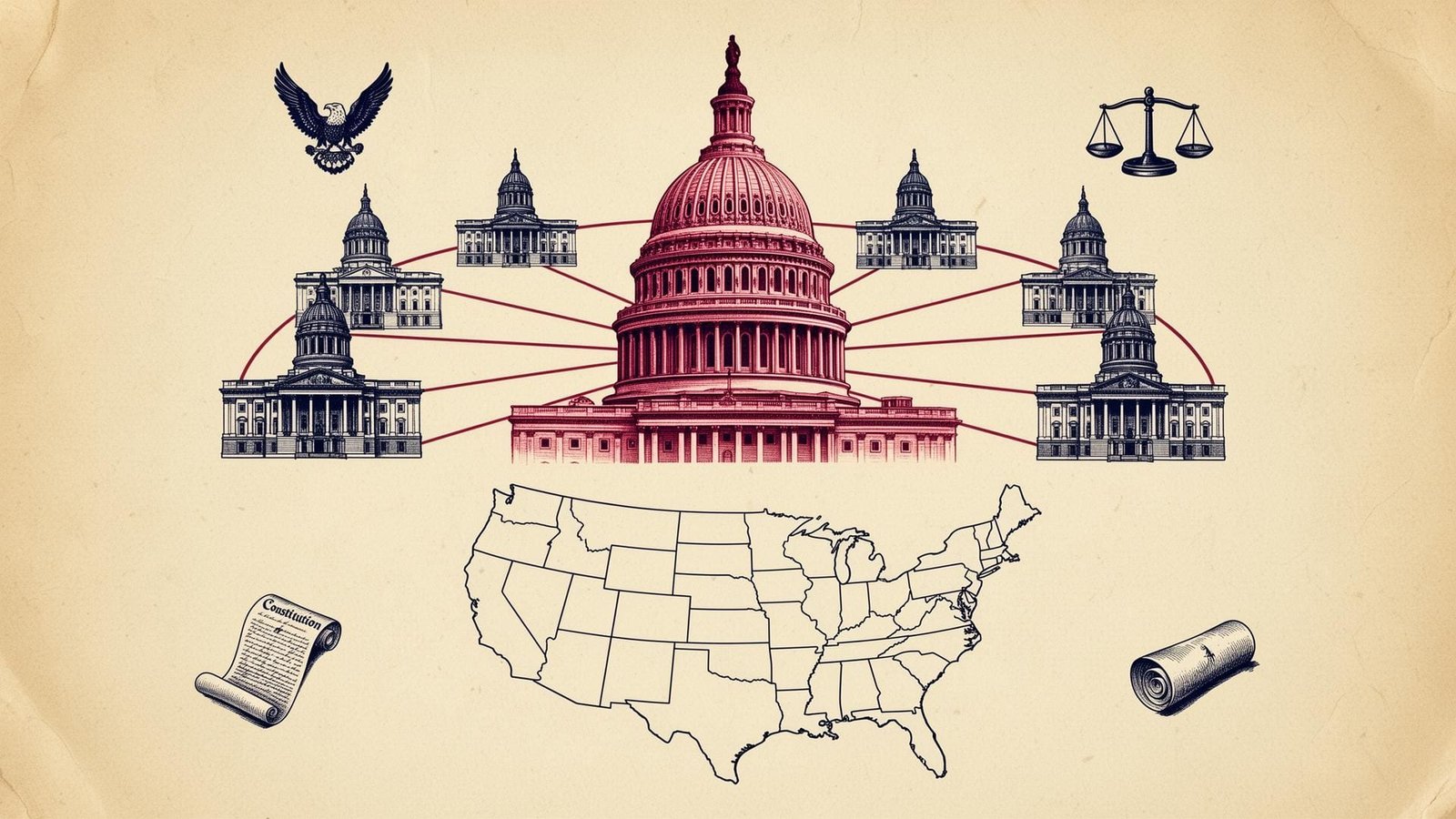 alt="Federalism diagram showing federal powers, state powers, and shared powers in the United States"