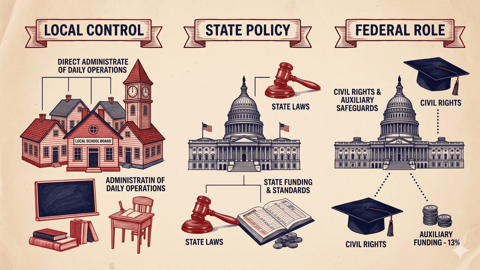 An educational infographic flowchart on a beige background titled Local Control, State Policy, and Federal Role, showing who controls education in the US via state, local, and federal funding and policy splits.