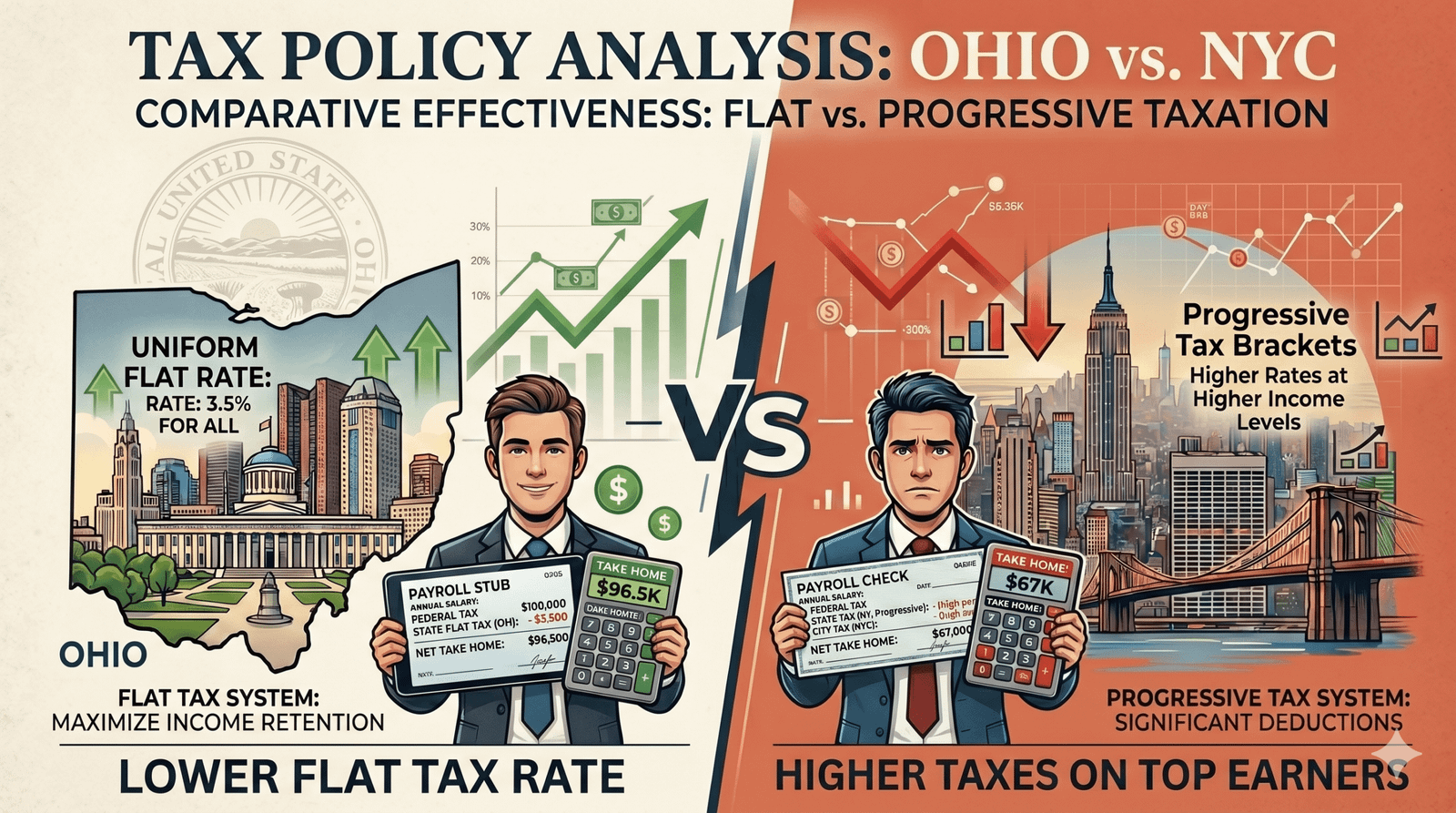 Flat Tax vs Wealth Tax comparison showing Ohio and New York City tax approaches