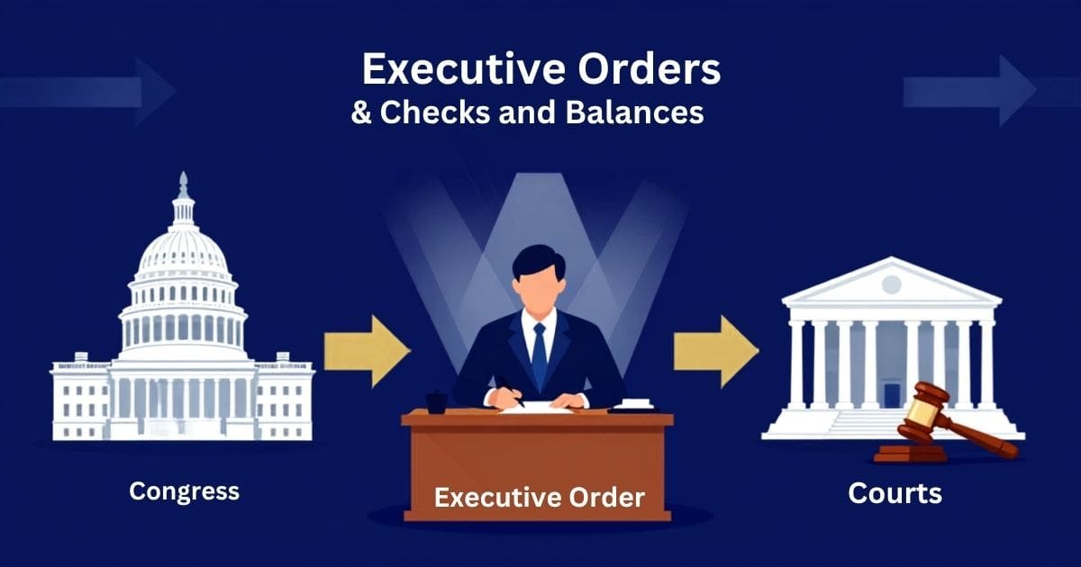 Civics 101 graphic showing executive orders and checks and balances between the President, Congress, and the courts