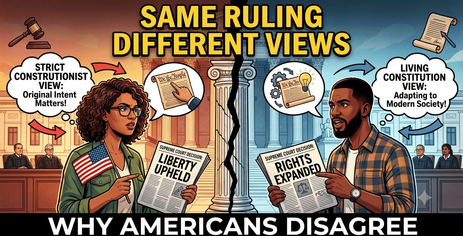 Illustration of two Americans interpreting the same Supreme Court decision differently, representing constitutional debate and judicial philosophy.