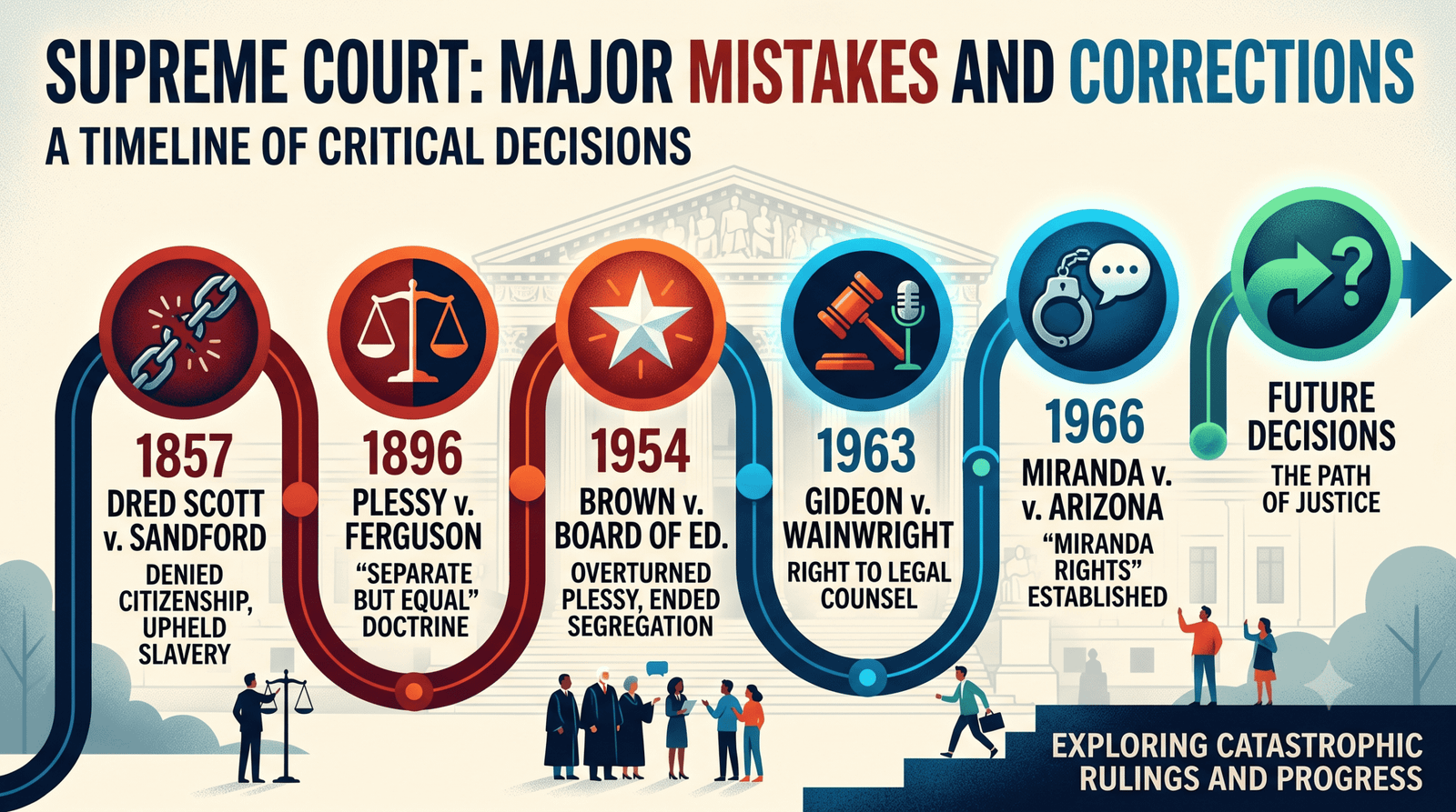 Civics 101 graphic showing a Supreme Court timeline of major mistakes and corrections, including Dred Scott, Plessy, Brown, Gideon, and Miranda.