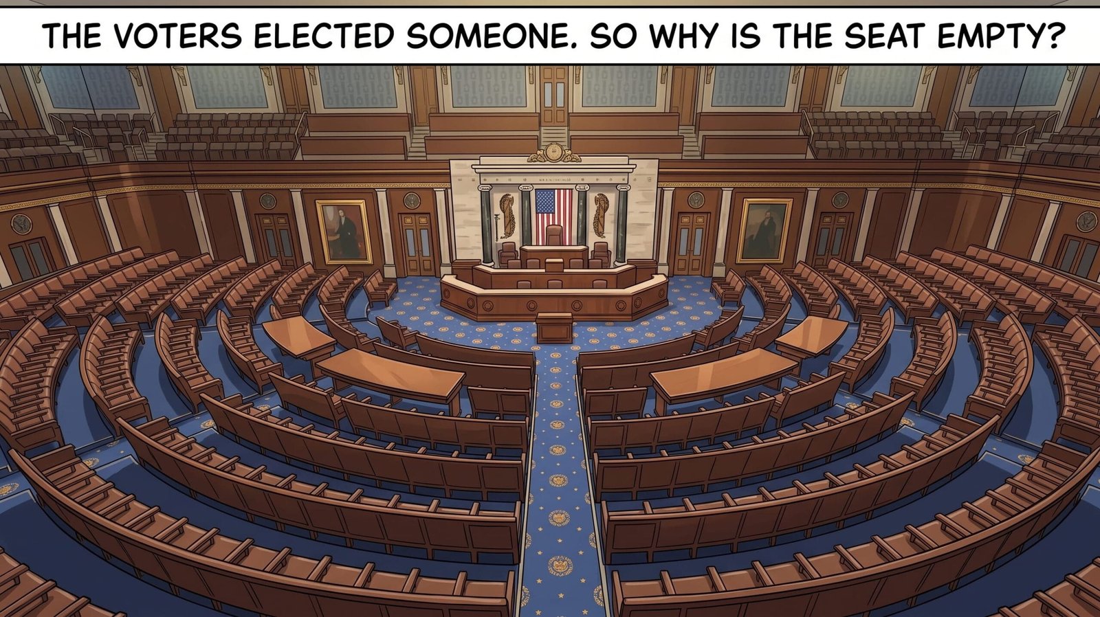 Illustration of an empty U.S. House chamber asking why an elected representative's seat could remain empty