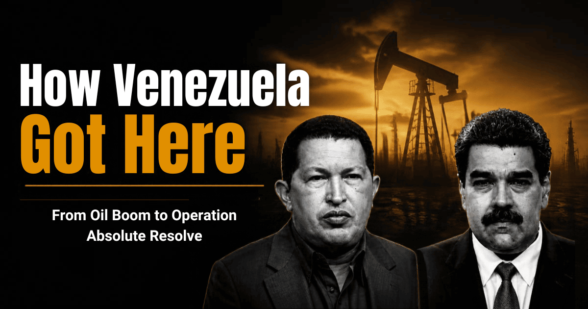 Hugo Chávez and Nicolás Maduro with an oil field representing Venezuela's political and economic history