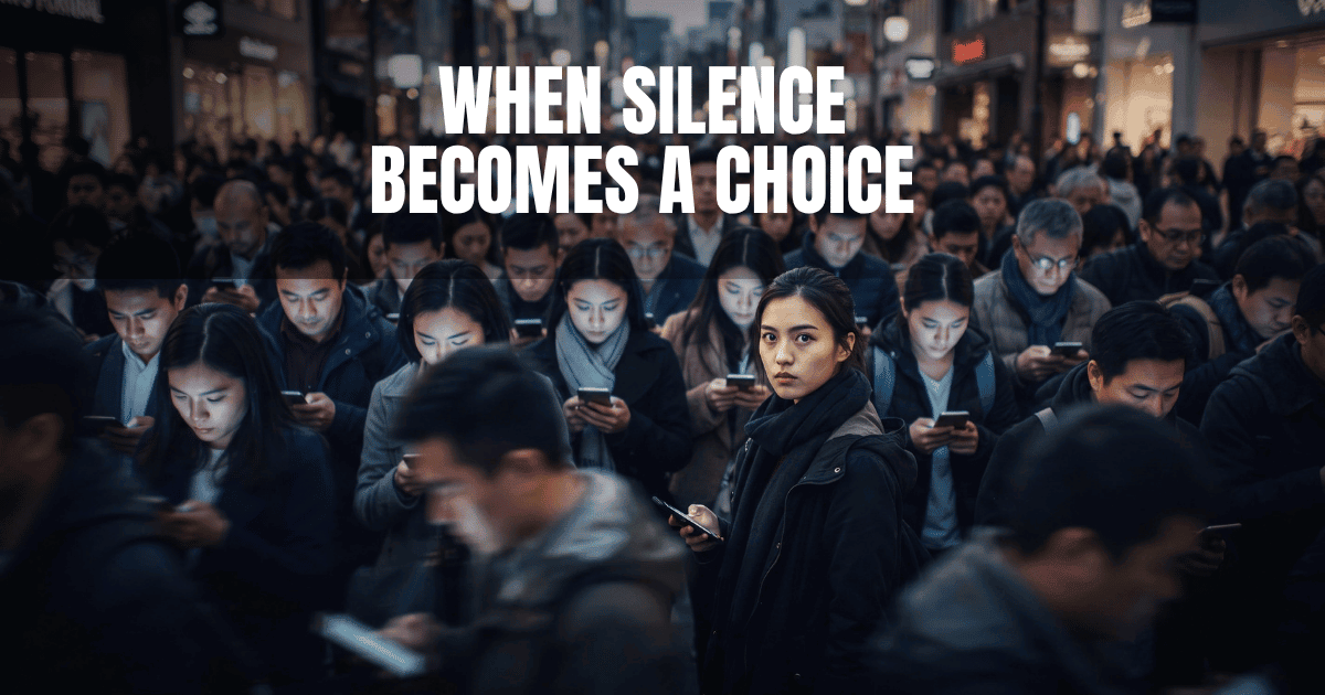 A crowd of people looking at their phones while one woman looks directly ahead, illustrating the choice between looking away and speaking up.