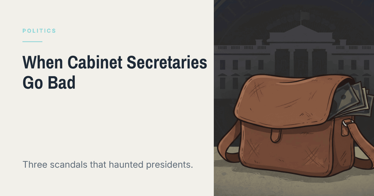Illustration of a money-filled satchel outside the White House for an article about Cabinet scandals